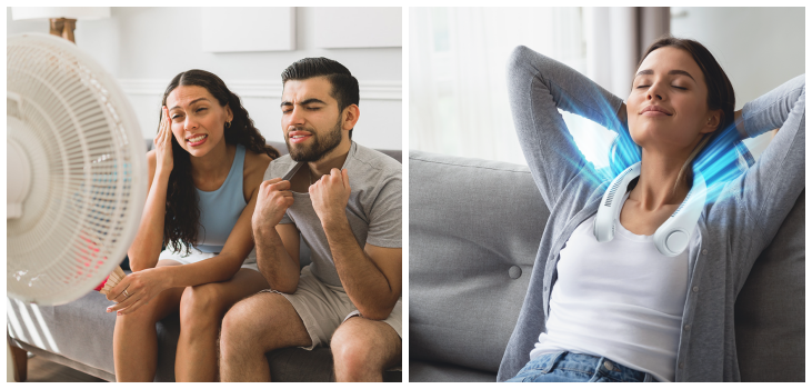 Collage of a couple sweating in front of a fan and a woman relaxing on the couch with FluxoFan